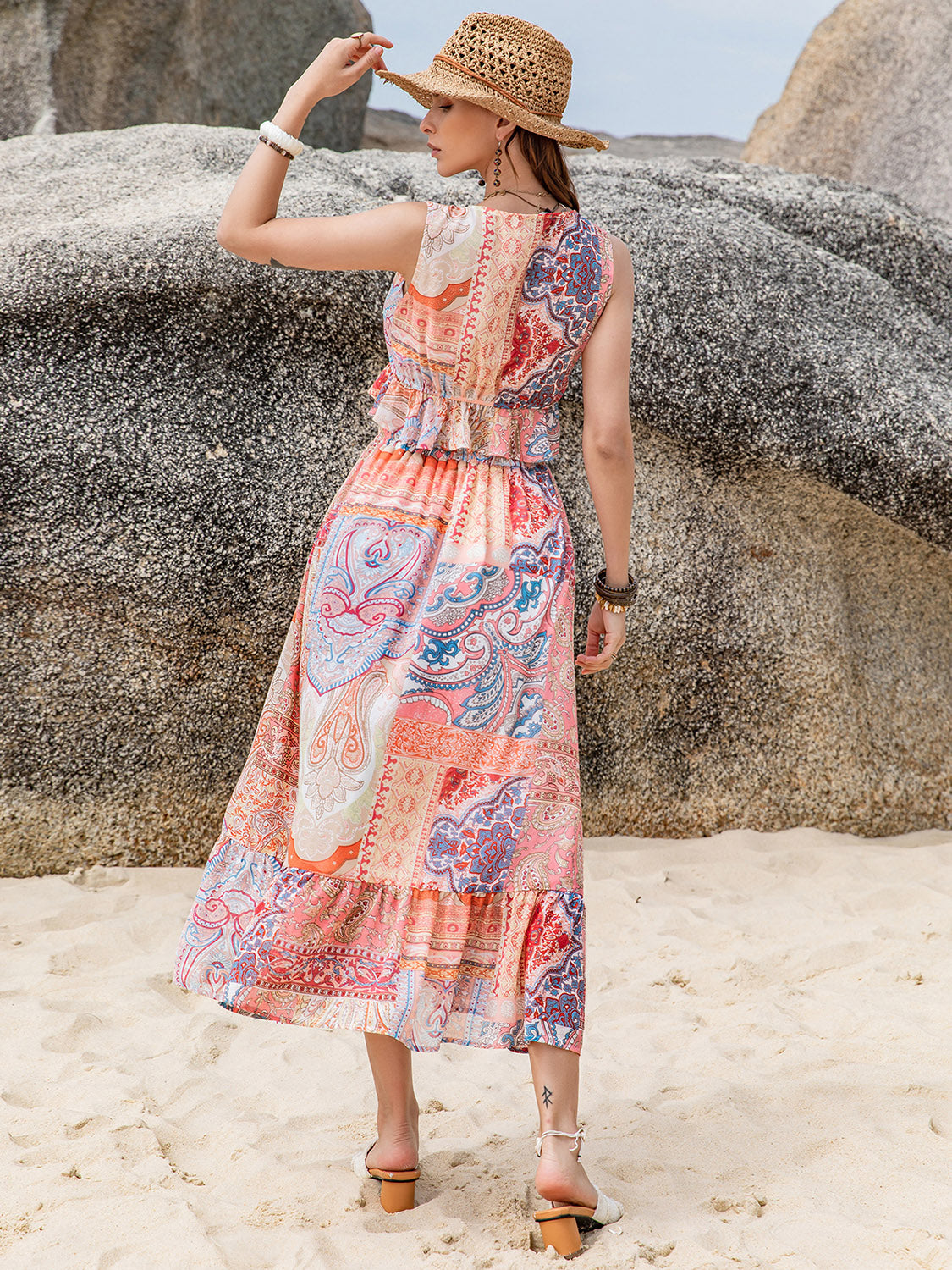 Printed V-Neck Top and Midi Skirt Beachy Set