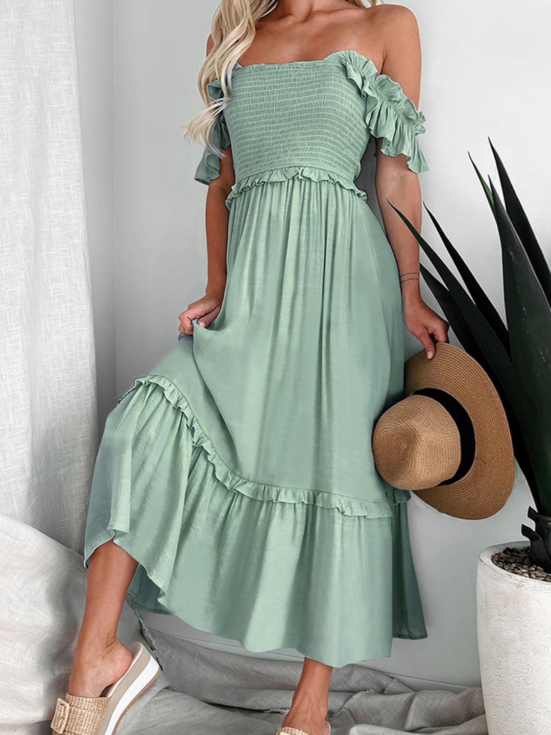 Perfee Frill Smocked Off-Shoulder Ruffle Sleeve Beach Dress