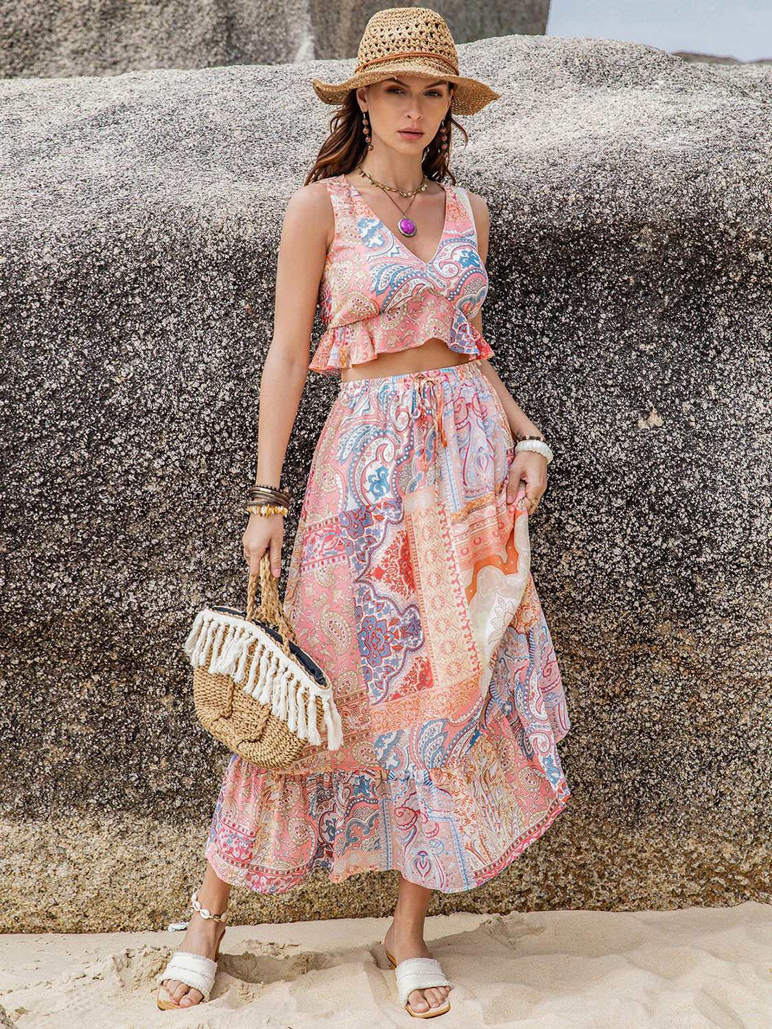 Printed V-Neck Top and Midi Skirt Beachy Set