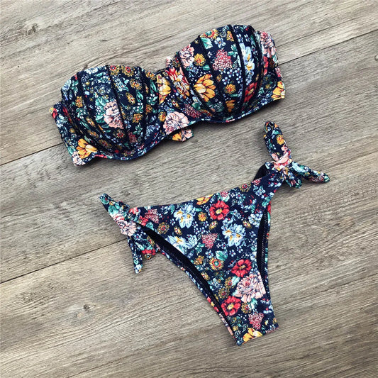 Strapless side knot floral bathing suit