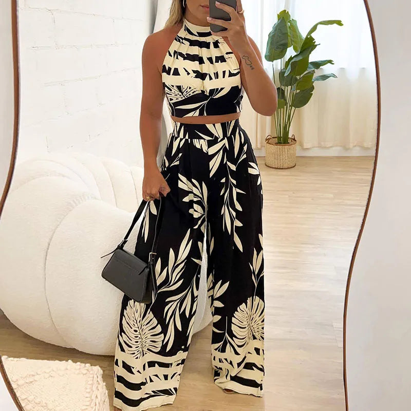 Backless Vest and Long Pants 2 Piece Summer Vacation Beach Set