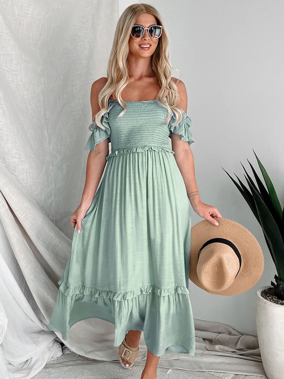 Perfee Frill Smocked Off-Shoulder Ruffle Sleeve Beach Dress