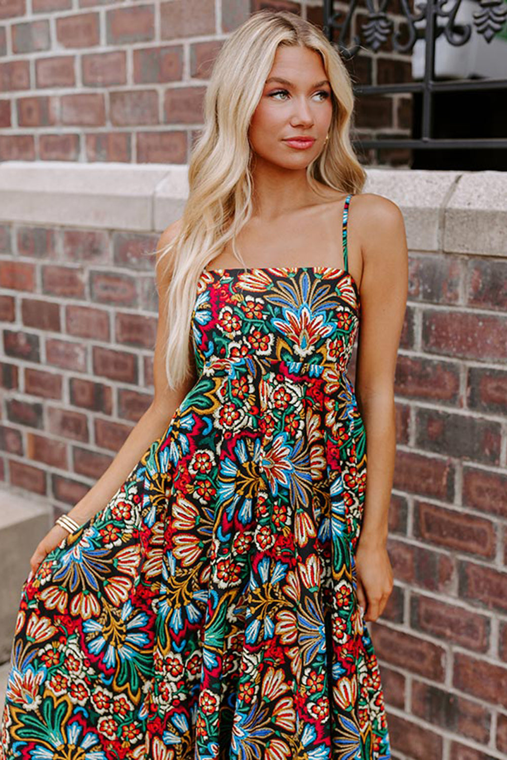 Black Boho Floral Print Thin Straps Sleeveless High Waist Maxi Dress